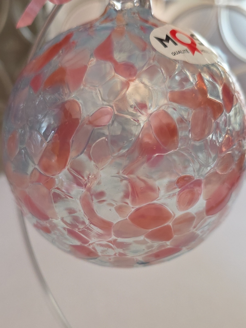 Cristal Lehrer French Hand-Blown Art Glass Sphere Pink/White Speckled Ornament - Picture 3 of 13
